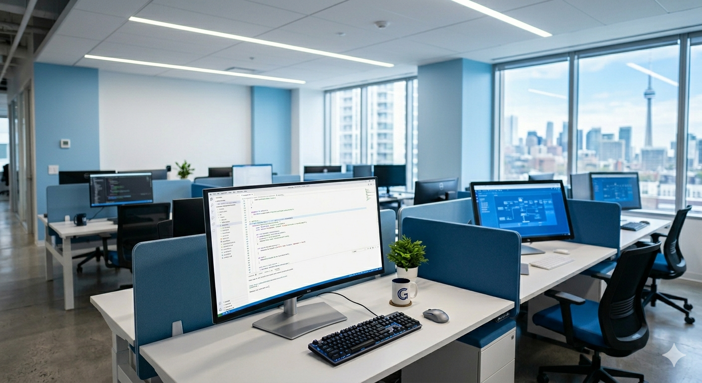 QuantumLink Solutions office workspace with Toronto skyline in the background